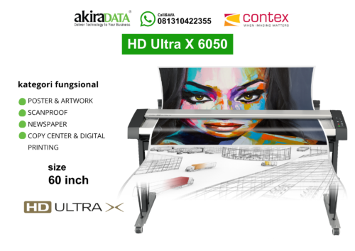 Scanner Contex HD Ultra X 6050 ukuran 60 inch untuk pemindaian large format, digunakan pada kebutuhan poster, artwork, copy center, digital printing, scanproof, dan newspaper.