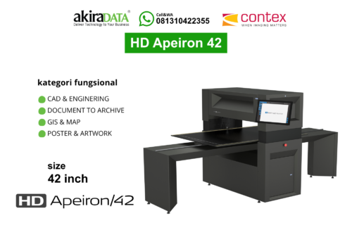 Scanner Contex HD Apeiron 42 melakukan pemindaian large format tanpa kontak untuk karya seni, dokumen besar, dan aplikasi CAD dengan akurasi warna tinggi.