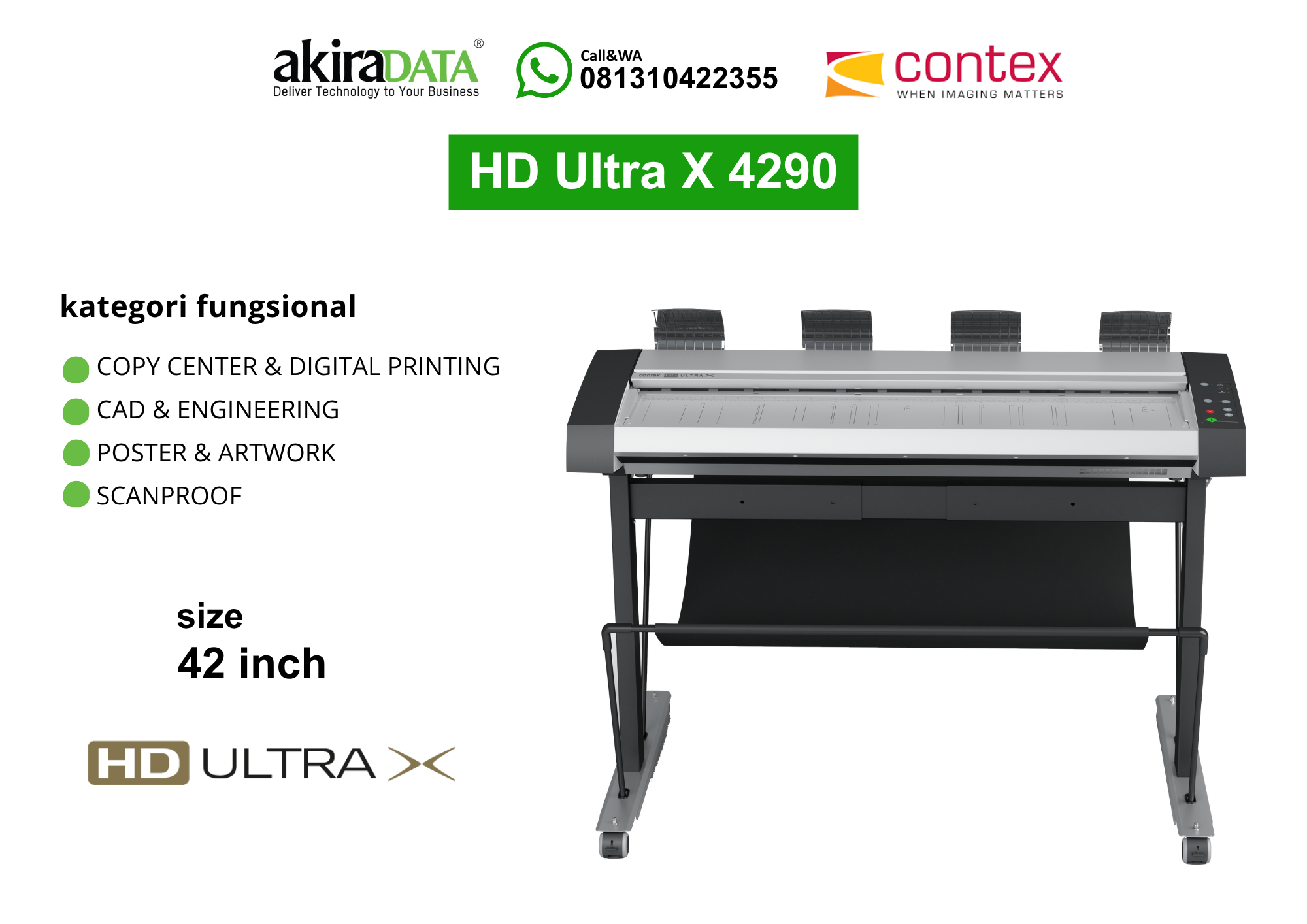 Scanner Contex HD Ultra X 4290 format besar 42 inch untuk pemindaian CAD, engineering, poster, artwork, dan kebutuhan scanproof.