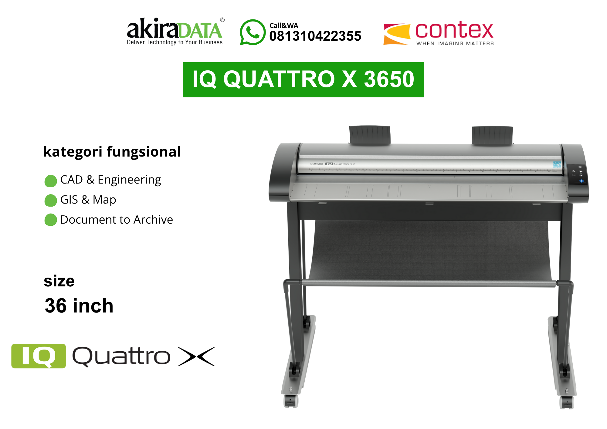 Scanner Contex IQ Quattro X 3650 – Pemindai full color format besar (36 inci) berkecepatan tinggi untuk CAD & Engineering, GIS & Map, dan kearsipan.