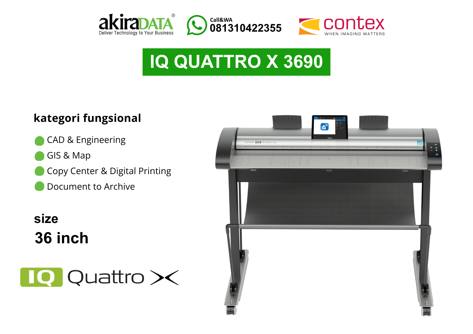 Scanner Contex IQ Quattro X 3690 – Pemindai full color format besar (36 inci) berkecepatan tinggi untuk CAD & Engineering, GIS & Map, dan kearsipan.