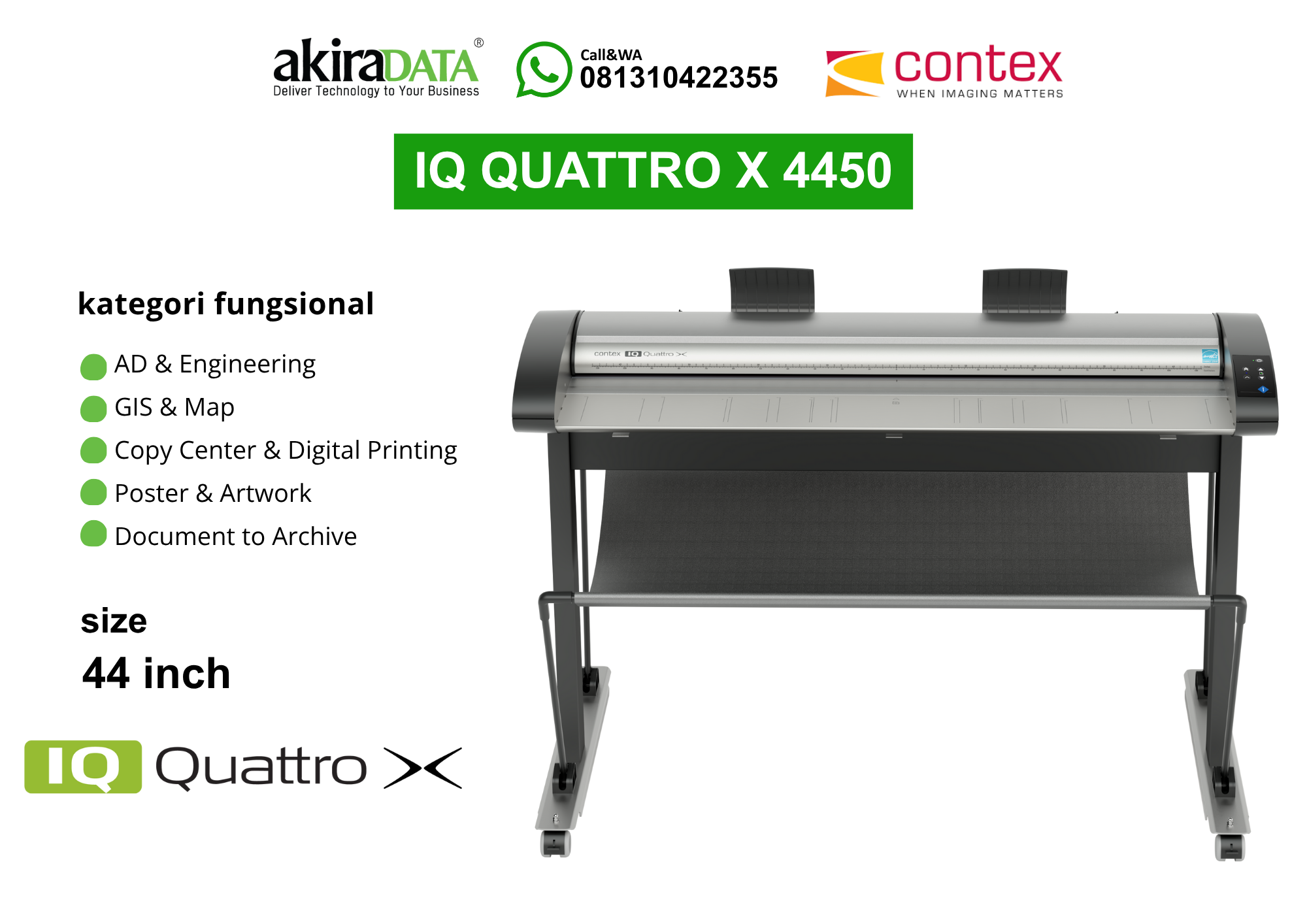 Scanner Contex IQ Quattro X 4450 – Pemindai full color format besar (44 inci) industri terkemuka untuk CAD & Engineering, GIS & Map, dan kearsipan.