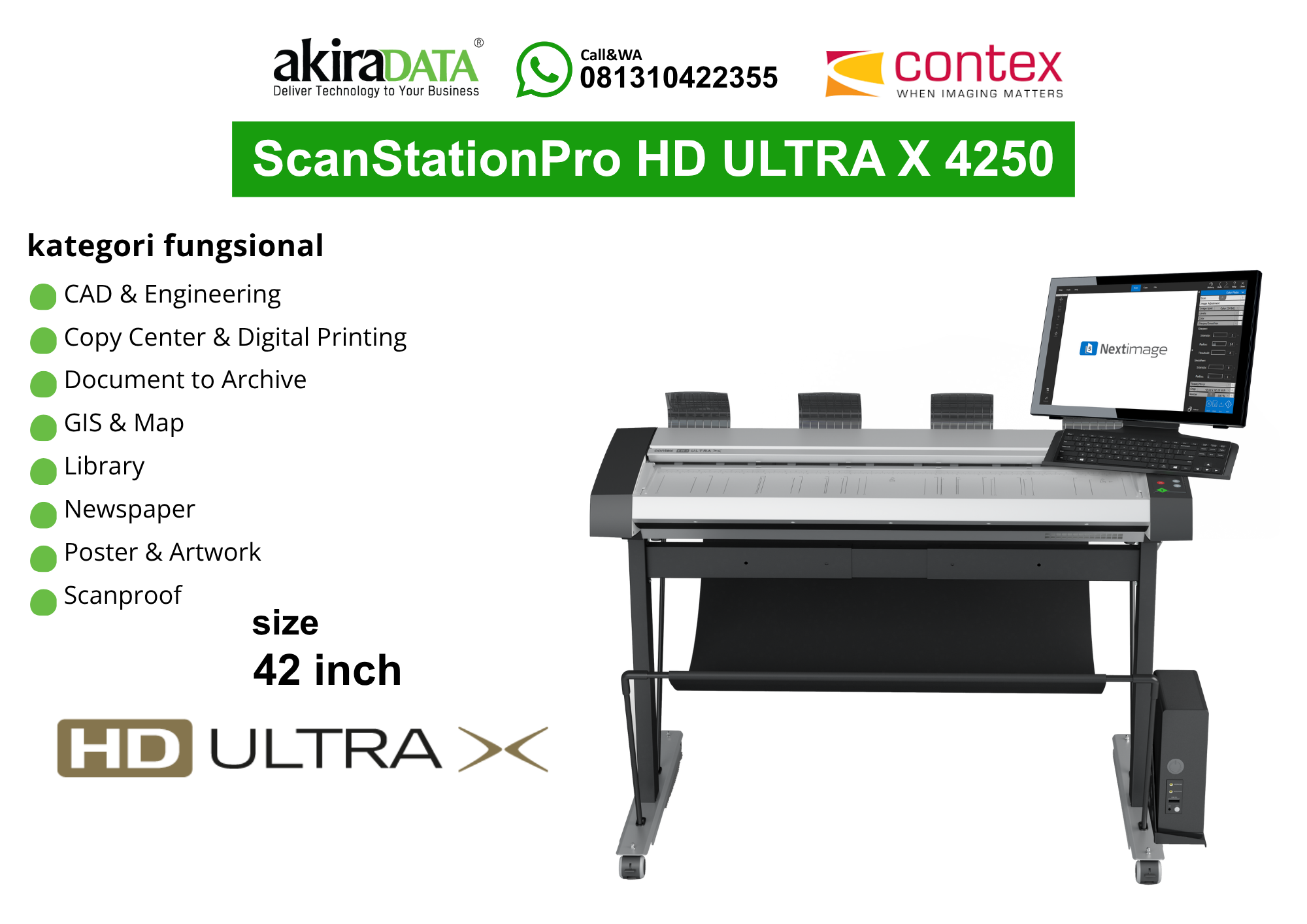 Scanner Contex ScanStationPro HD Ultra X 4250 ukuran 42 inci dengan monitor Nextimage, digunakan untuk pemindaian large format seperti CAD, arsip dokumen, peta, poster, dan artwork.