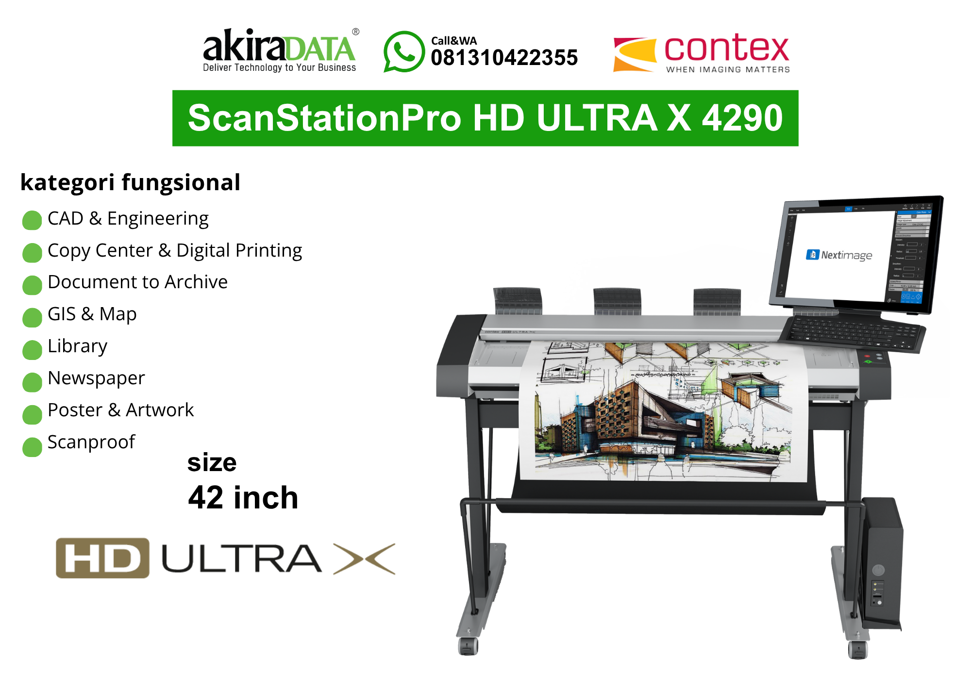 Scanner Contex ScanStationPro HD Ultra X 4290 ukuran 42 inci dengan monitor Nextimage, digunakan untuk pemindaian large format seperti CAD, arsip dokumen, peta, poster, dan artwork.