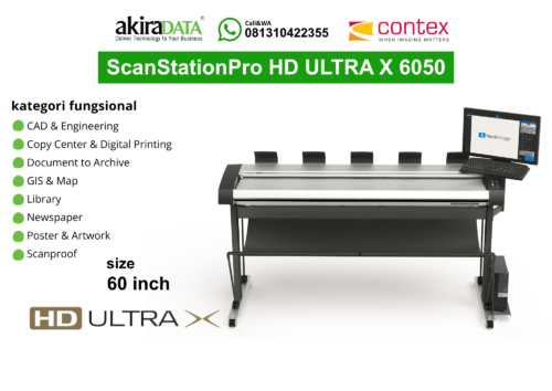 Scanner Contex ScanStationPro HD Ultra X 6050 berukuran 60 inci dengan monitor dan software Nextimage, digunakan untuk pemindaian large format seperti CAD, arsip dokumen, peta, dan artwork.