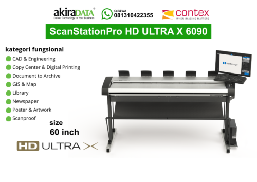 Scanner Contex ScanStationPro HD Ultra X 6090 berukuran 60 inci dengan monitor dan software Nextimage, digunakan untuk pemindaian large format seperti CAD, arsip dokumen, peta, dan artwork.