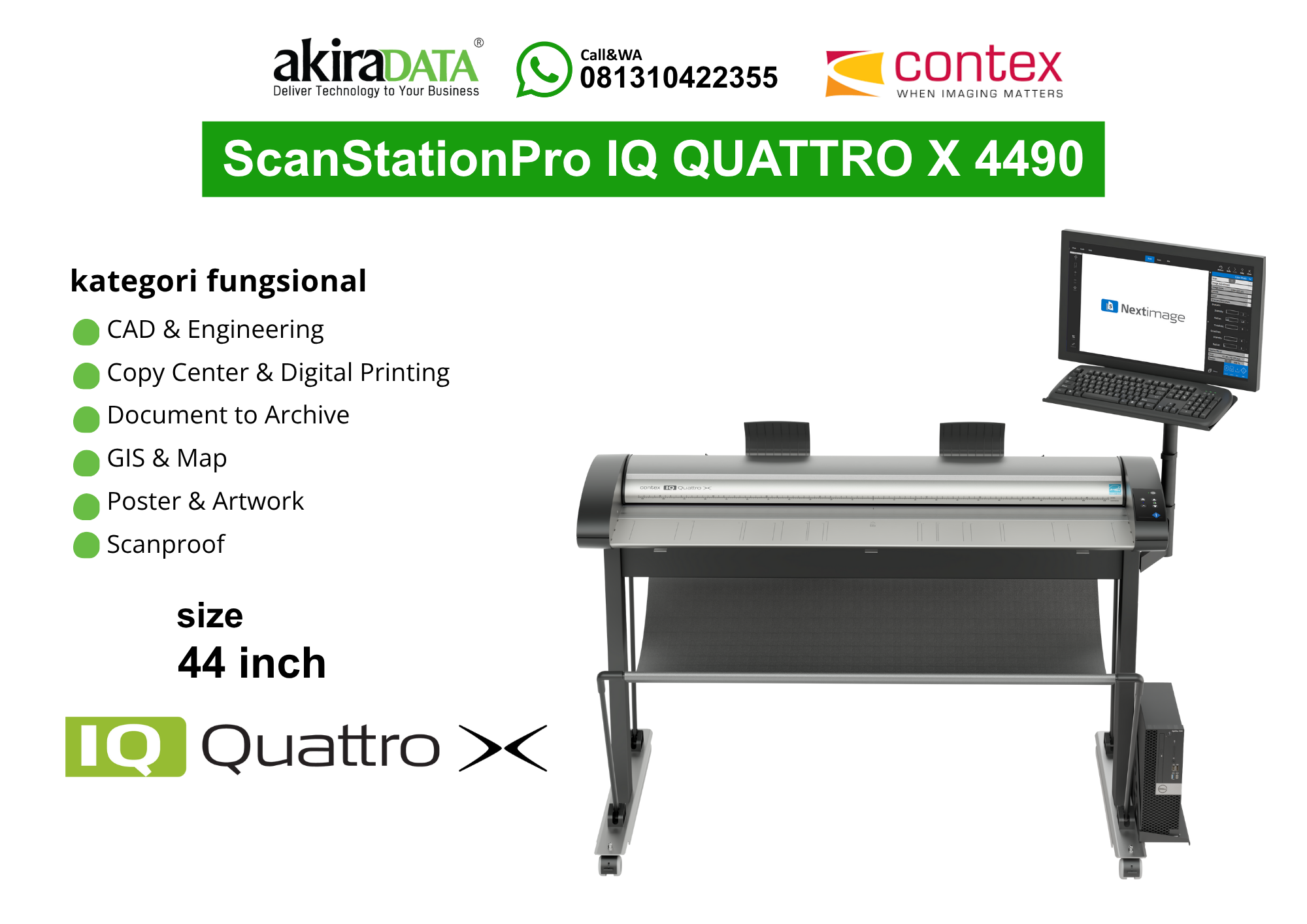 Scanner Contex ScanStationPro IQ Quattro X 4490 ukuran 44 inci dengan monitor Nextimage, untuk pemindaian large format seperti CAD, arsip dokumen, peta, poster, dan artwork.
