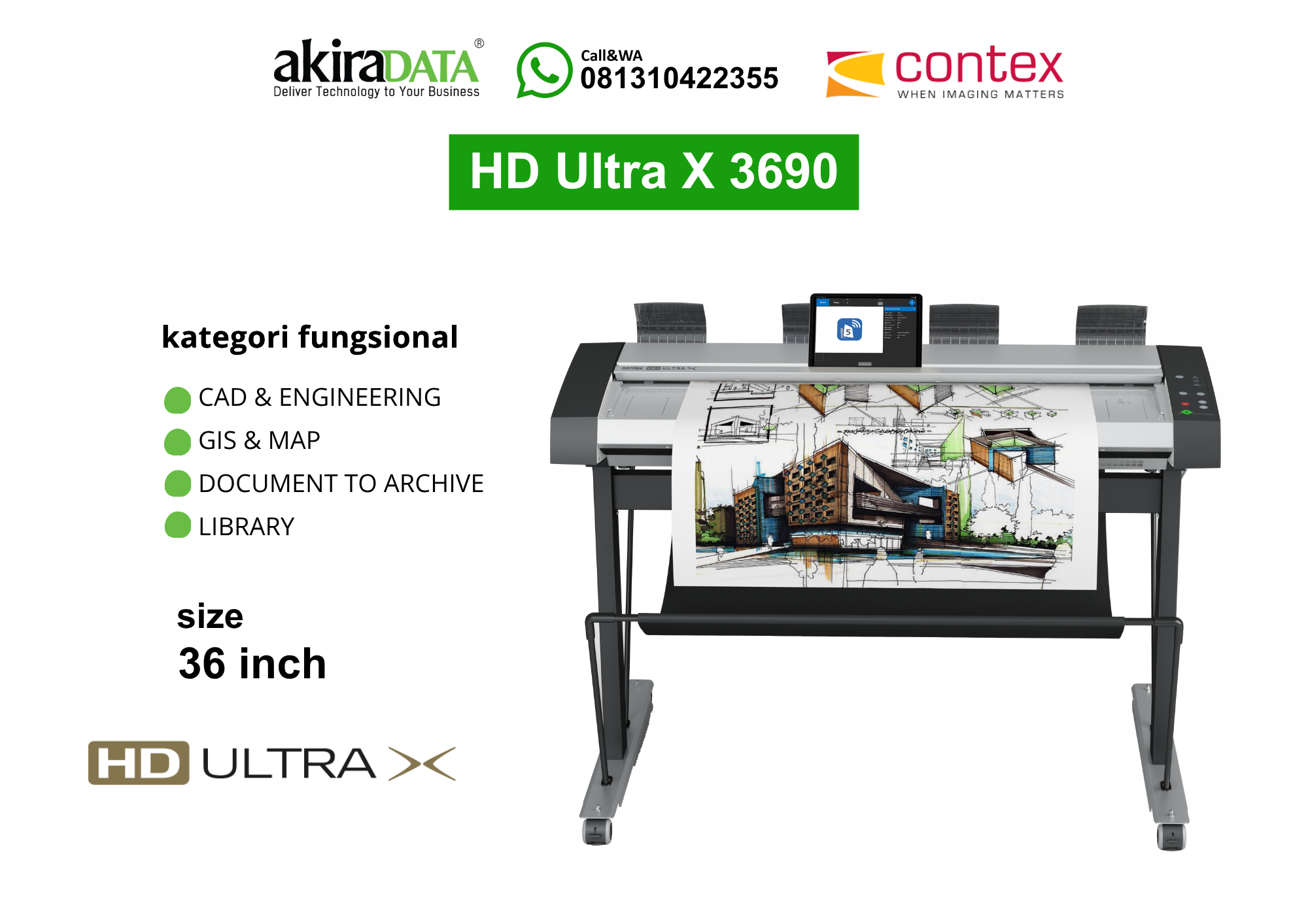 Scanner Contex HD Ultra X 3690 format besar 36 inch untuk CAD, GIS & Map, dokumentasi arsip, dan kebutuhan perpustakaan.